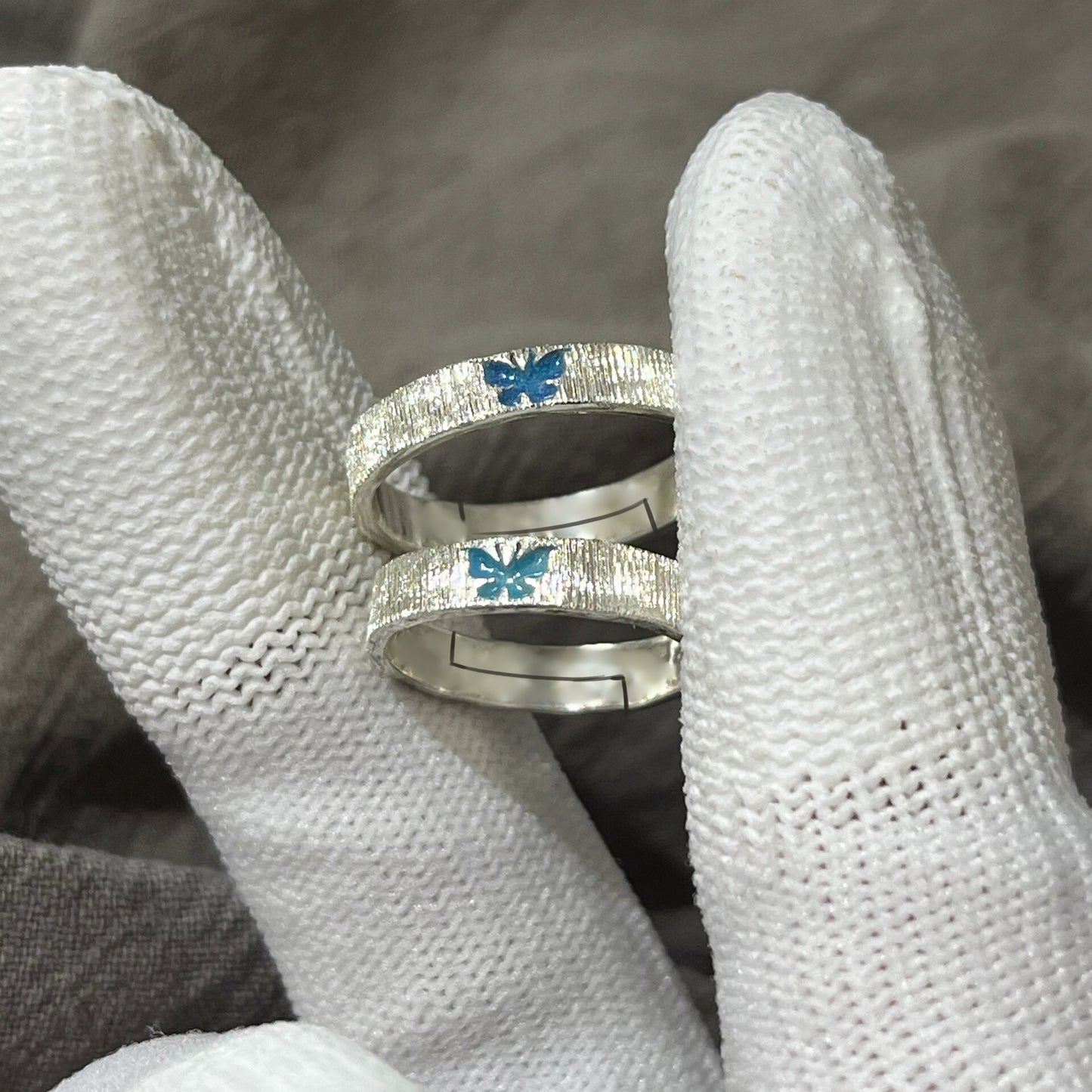 Brushed Enamel Blue Butterfly Couple Ring