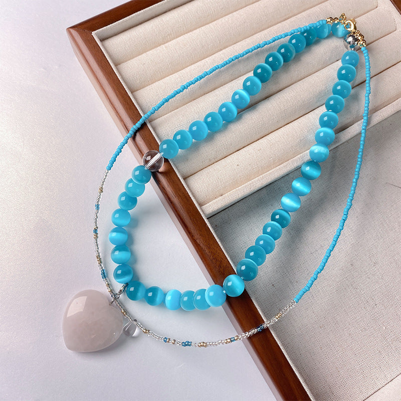 Glacier Blue Cat's Eye Beaded Necklace